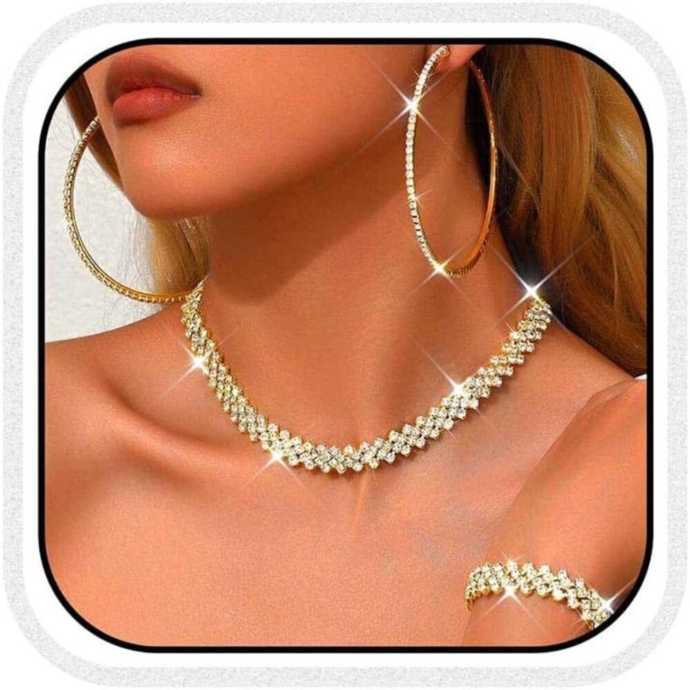 Rhinestone Jewelry Set Gold Prom Formal Necklace Earrings Bracelet Women